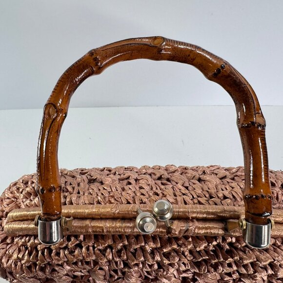 Vintage Pink Raffia Woven Handbag w/ Bamboo Handle Made in Italy - Picture 10 of 14